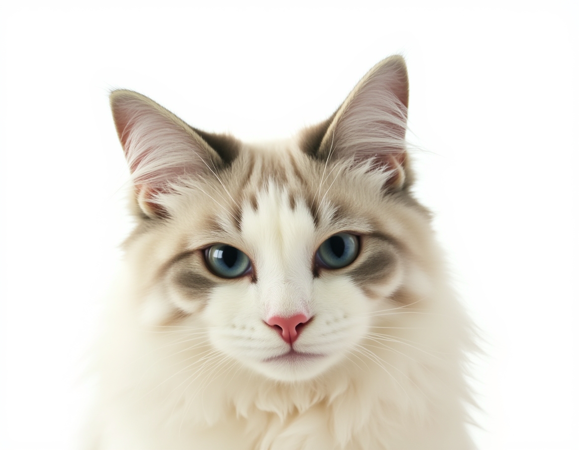 Close-up portrait of cat on a white background, with its alert expression and intricate details of its fur and whiskers in sharp focus.